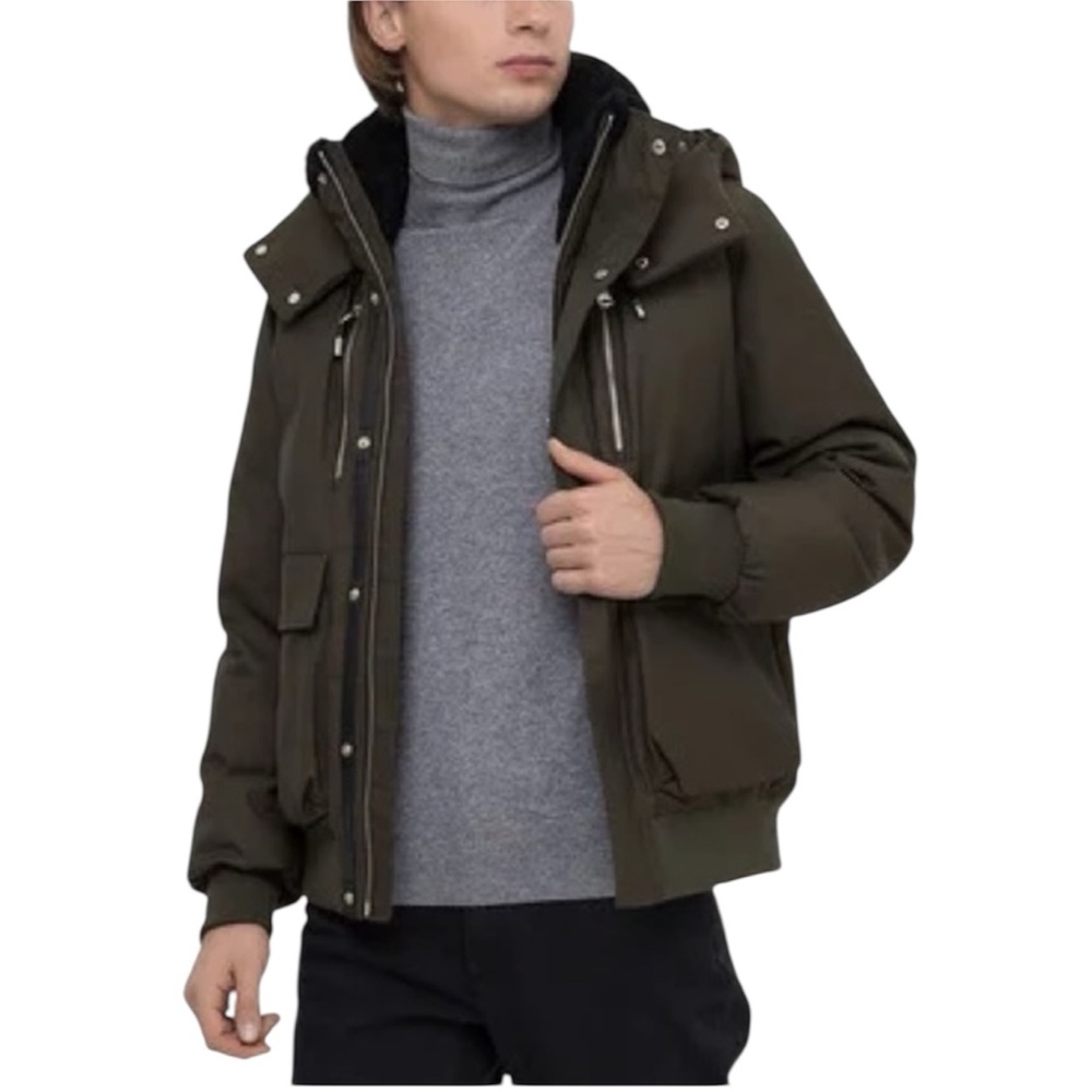 MACKAGE Olive Green Down Bomber Jacket – Shearling Collar & Hood – Size 40 / L
